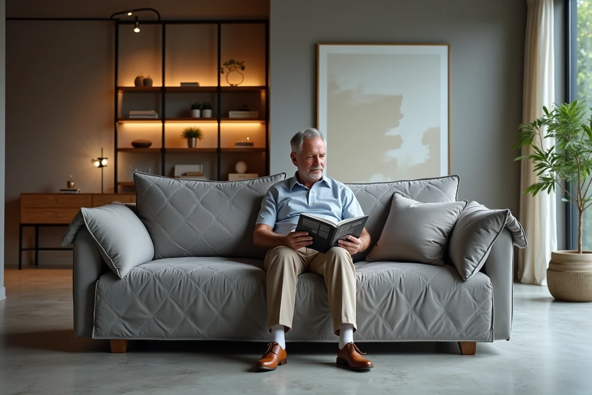 Homme lisant un magazine dans un salon minimaliste
