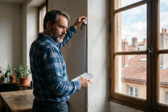 Homme mesurant un mur dans son appartement lyonnais