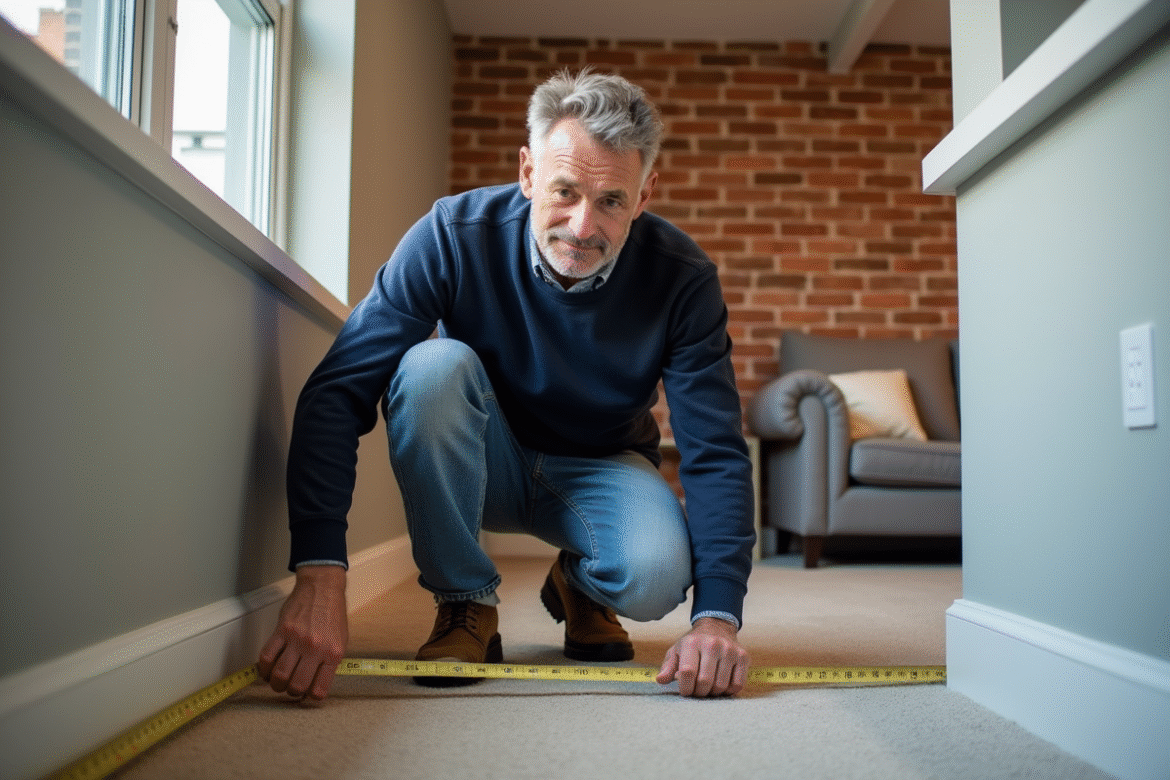 Homme mesurant la hauteur d'un sous-sol fini avec un ruban