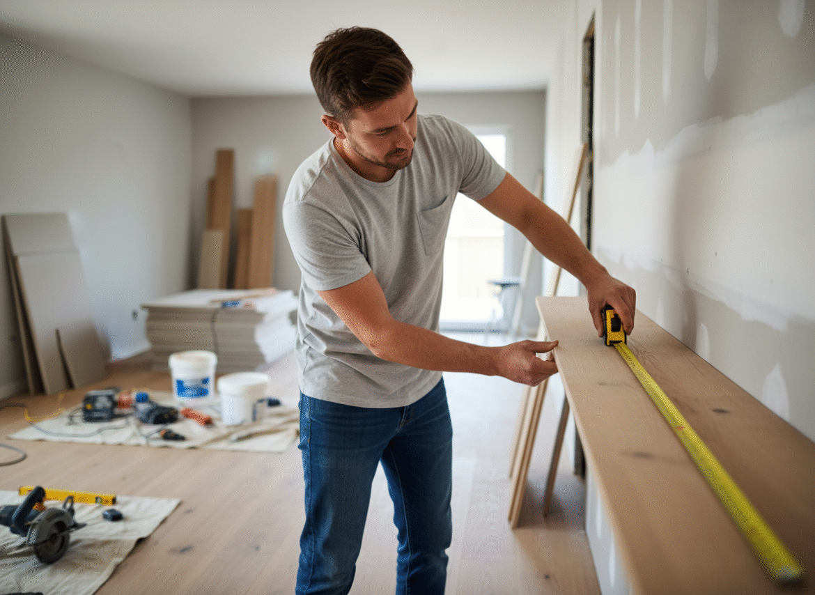 Jeune homme mesurant une planche en bois dans une maison en rénovation