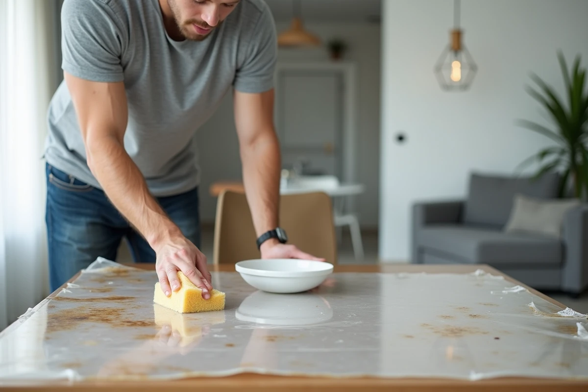 Homme appliquant une éponge savonneuse sur une toile cirée transparente épaisse dans un appartement moderne