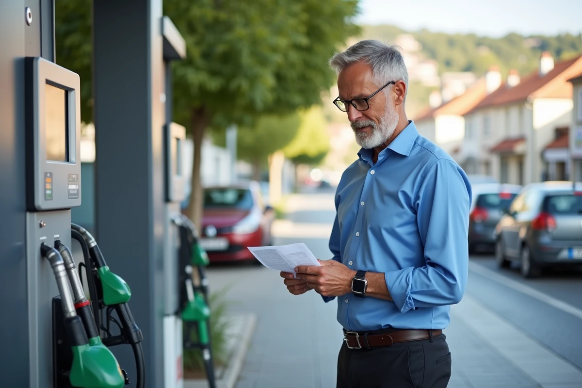 Homme lisant un reçu à la station essence en extérieur
