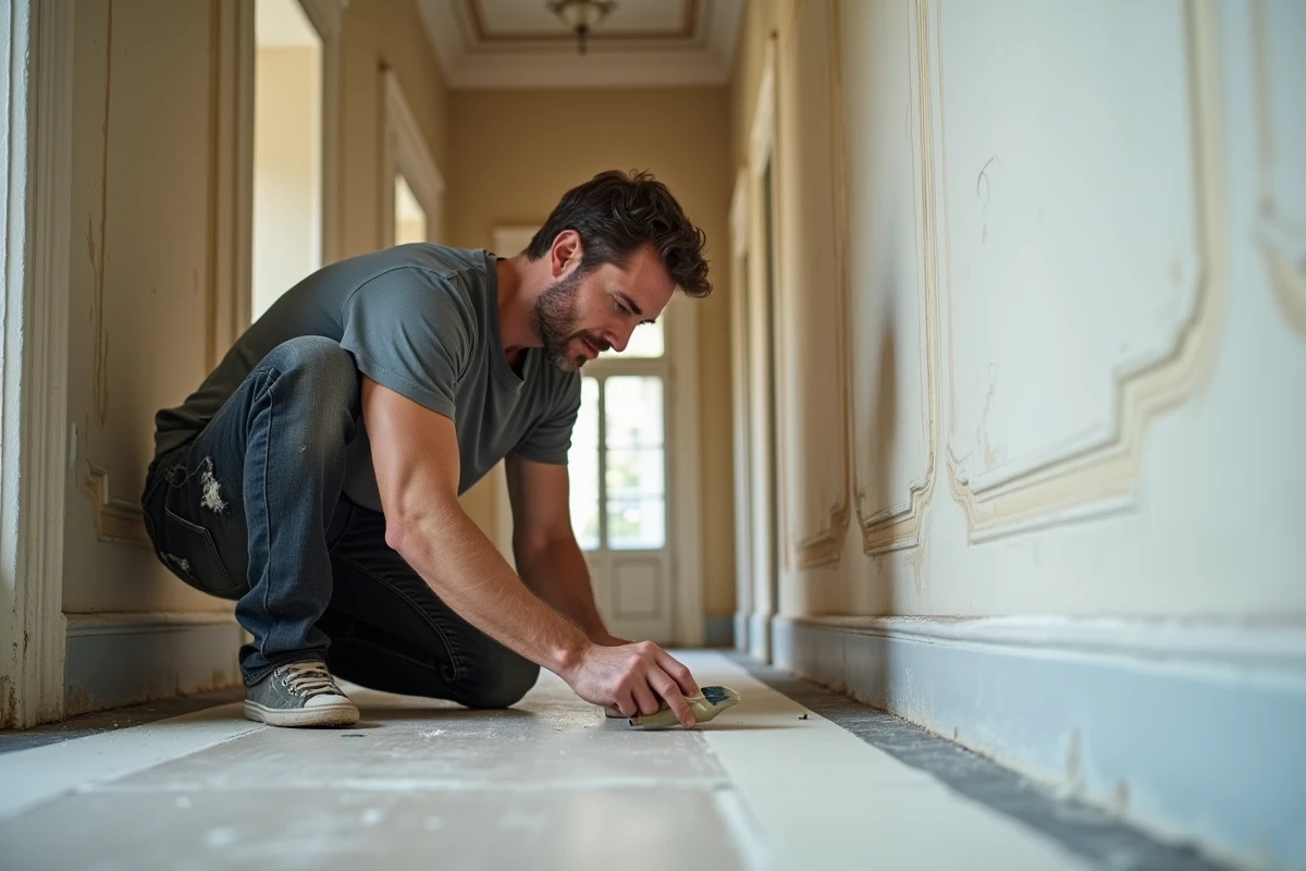 Homme en train de peindre soigneusement la plinthe d'un couloir haussmannien avec un pinceau coupant, application précise de peinture blanc cassé