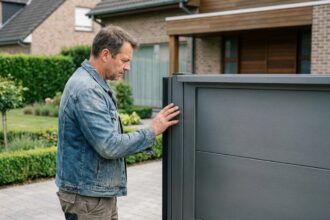 Homme examinant une porte en aluminium moderne devant une maison
