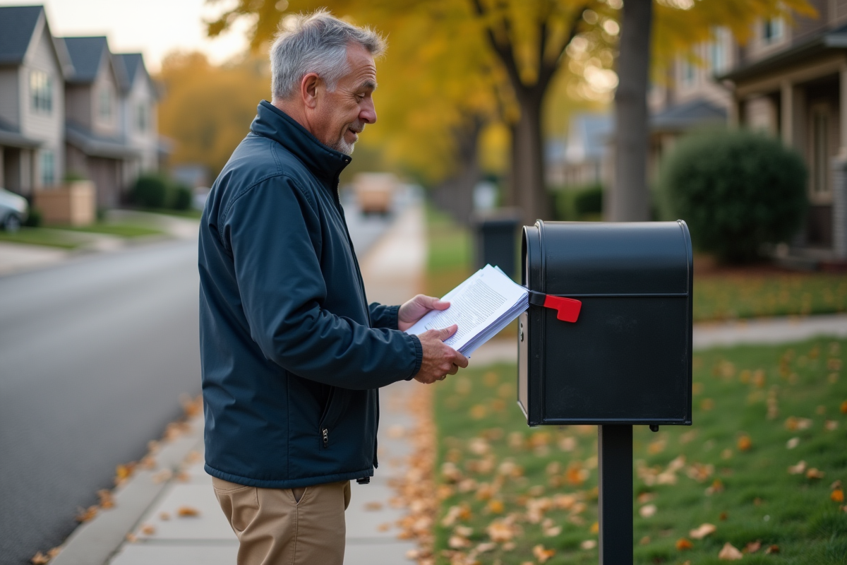 Homme envoyant des documents par la poste devant sa maison