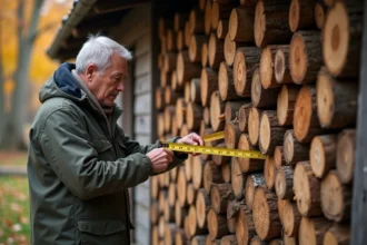 Homme inspectant une pile de bois en automne