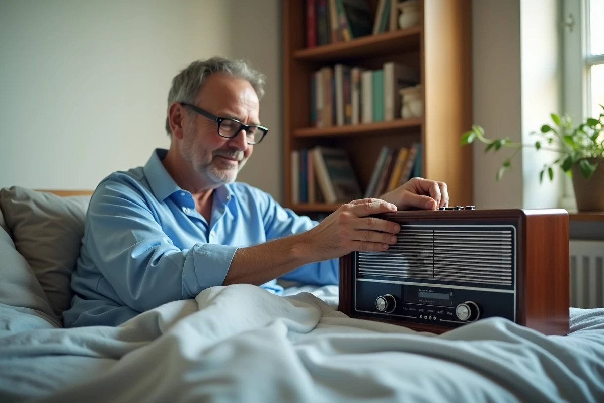 Homme en pyjama ajustant une radio dans sa chambre