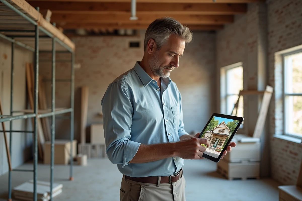 Homme examinant un plan 3D dans une salle en rénovation