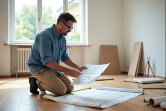 Homme moyenâgeux avec plan et mètre dans salon rénové