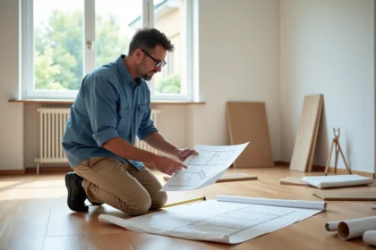 Homme moyenâgeux avec plan et mètre dans salon rénové
