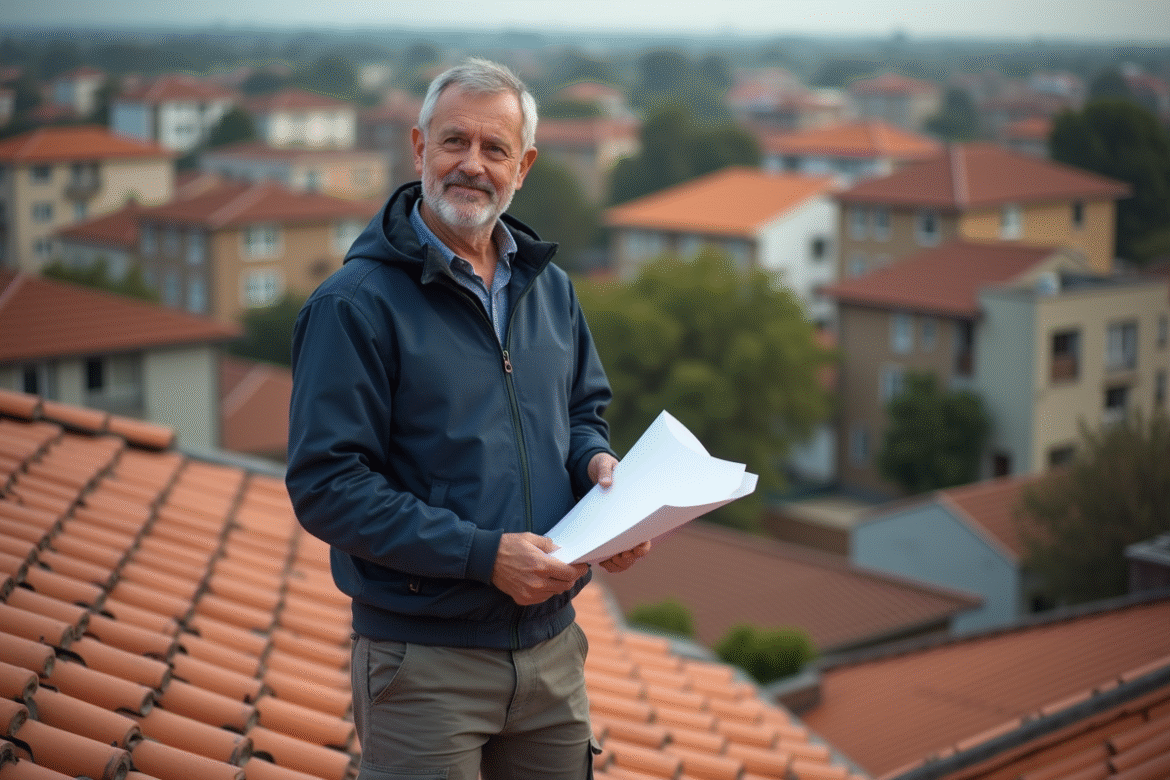 Homme d'âge moyen sur le toit d'une maison en train de revoir des documents de rénovation
