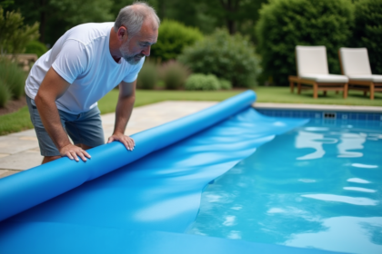 Homme d'âge moyen roulant une couverture de piscine bleue