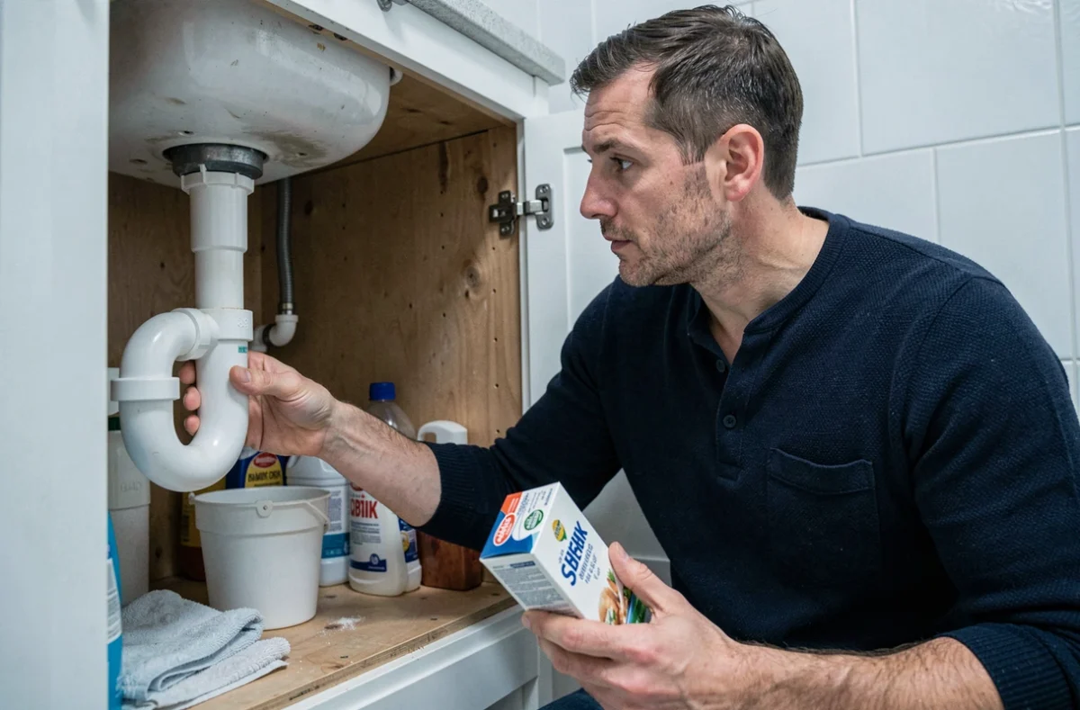 Homme inspectant le siphon sous l'évier avec du bicarbonate de soude pour déboucher la canalisation