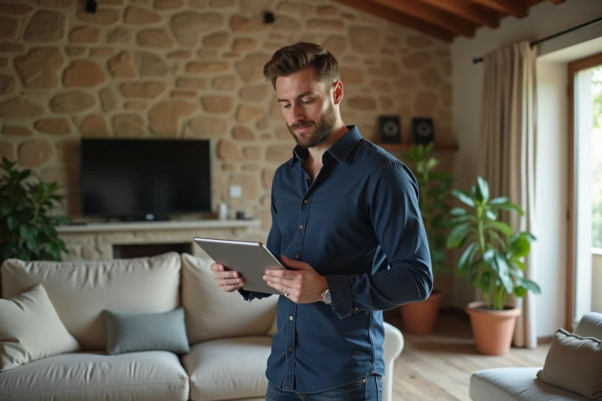 Homme consultant un comparateur d'assurance habitation sur tablette dans un salon contemporain