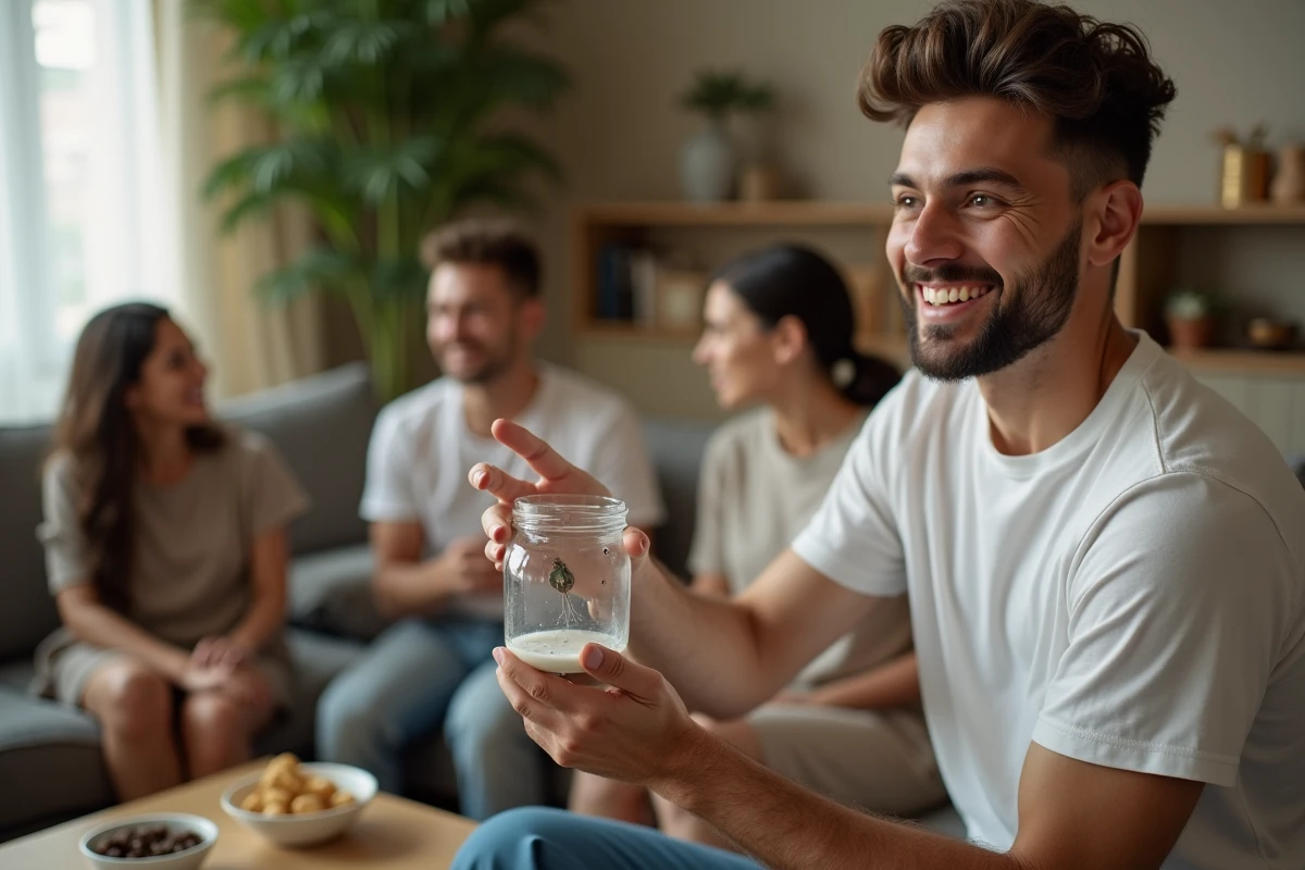 Jeune homme montrant sa trappe à moustiques à des amis dans le salon