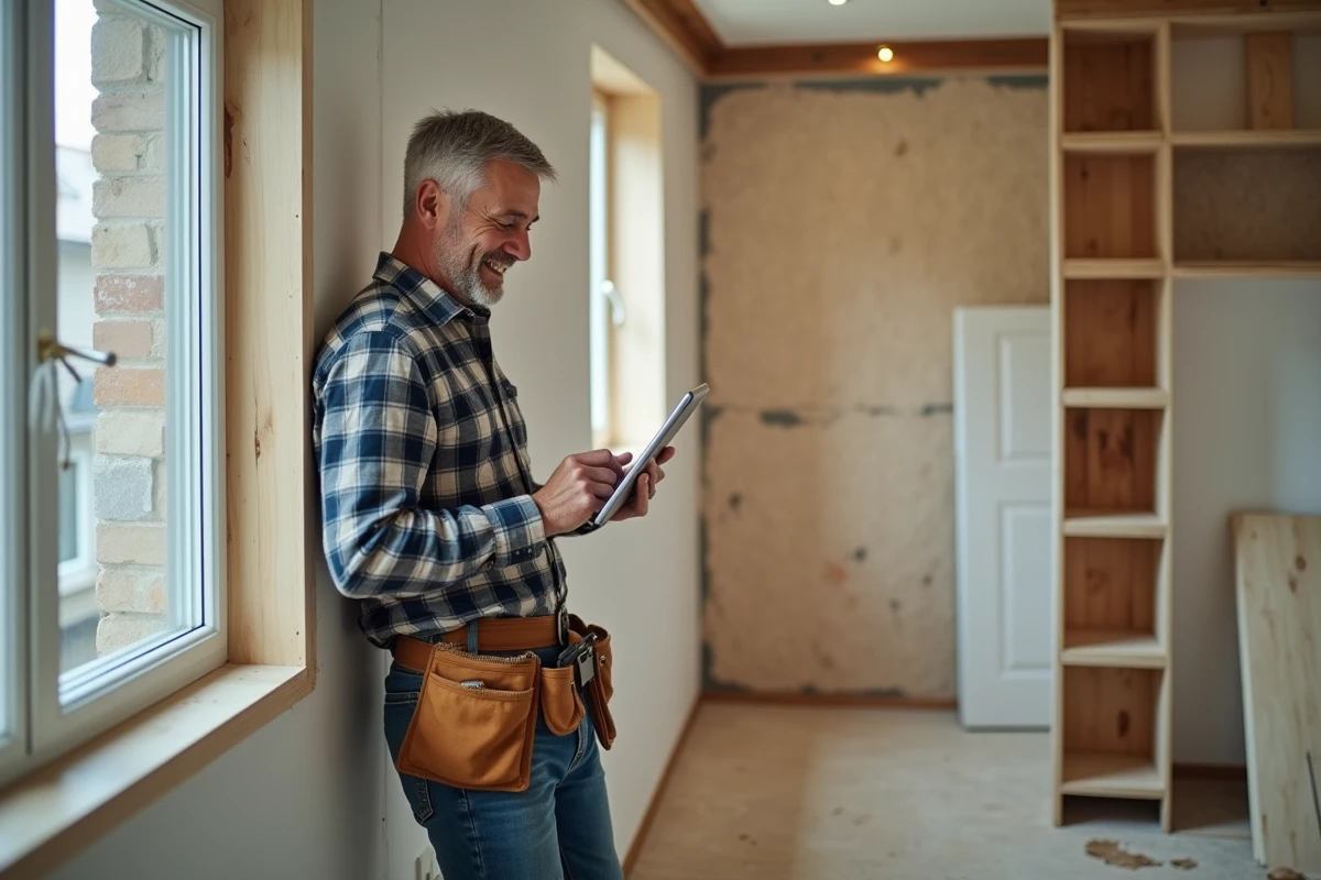 Homme en travaux vérifiant une fenêtre en renovation maison