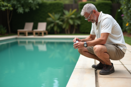 Homme vérifiant l'eau d'une piscine extérieure en été
