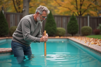 Homme vérifiant le niveau d'eau dans une piscine extérieure en automne