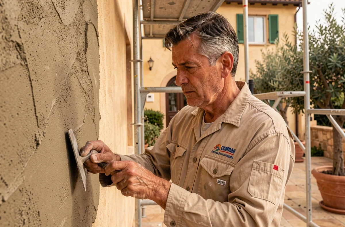 Artisan de la société Inca SARL appliquant un enduit sur une villa méditerranéenne