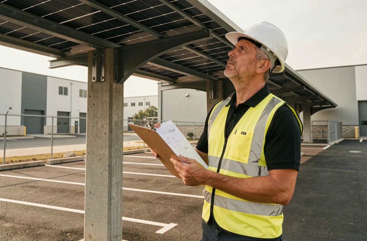 Ingénieur évaluant une installation d'ombrière photovoltaïque dans un parking d'entreprise