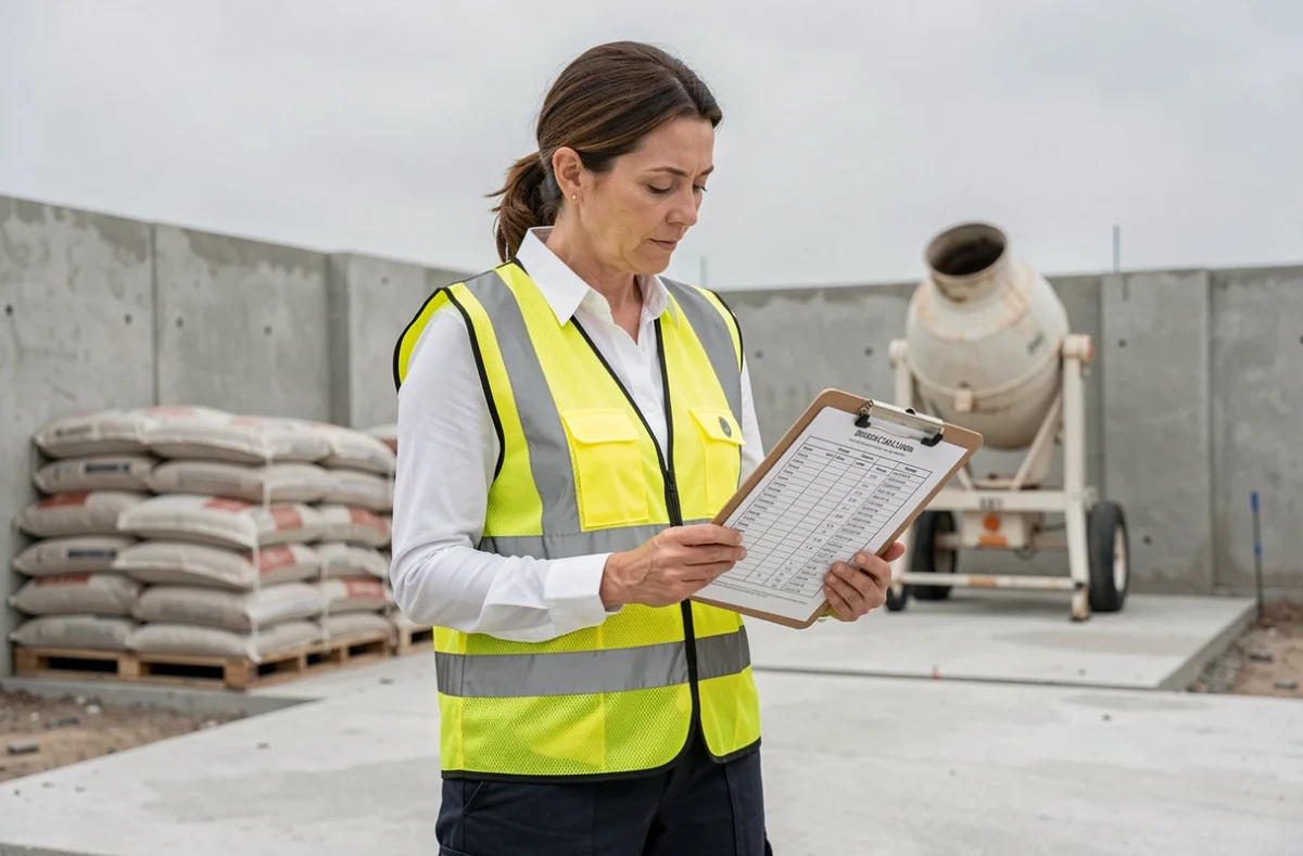 Ingénieure de chantier consultant un tableau de dosage pour chape maigre sur un plancher en béton
