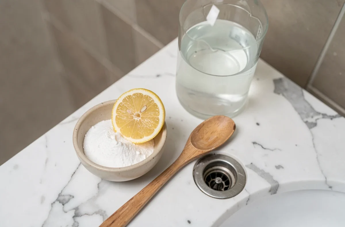 Ingrédients naturels pour déboucher un évier : bicarbonate de soude, vinaigre blanc et citron sur marbre