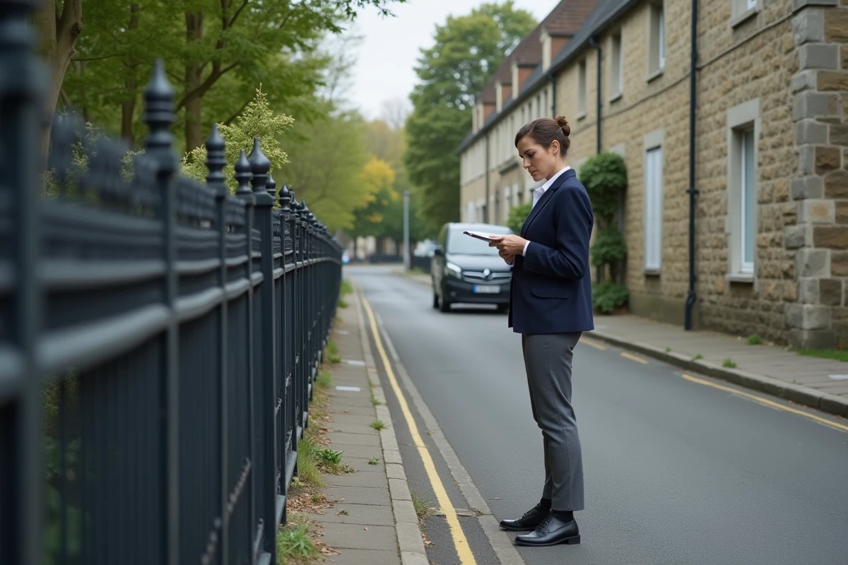 Inspectrice de l'urbanisme notant des infractions sur une clôture métallique en limite de propriété dans une rue résidentielle française