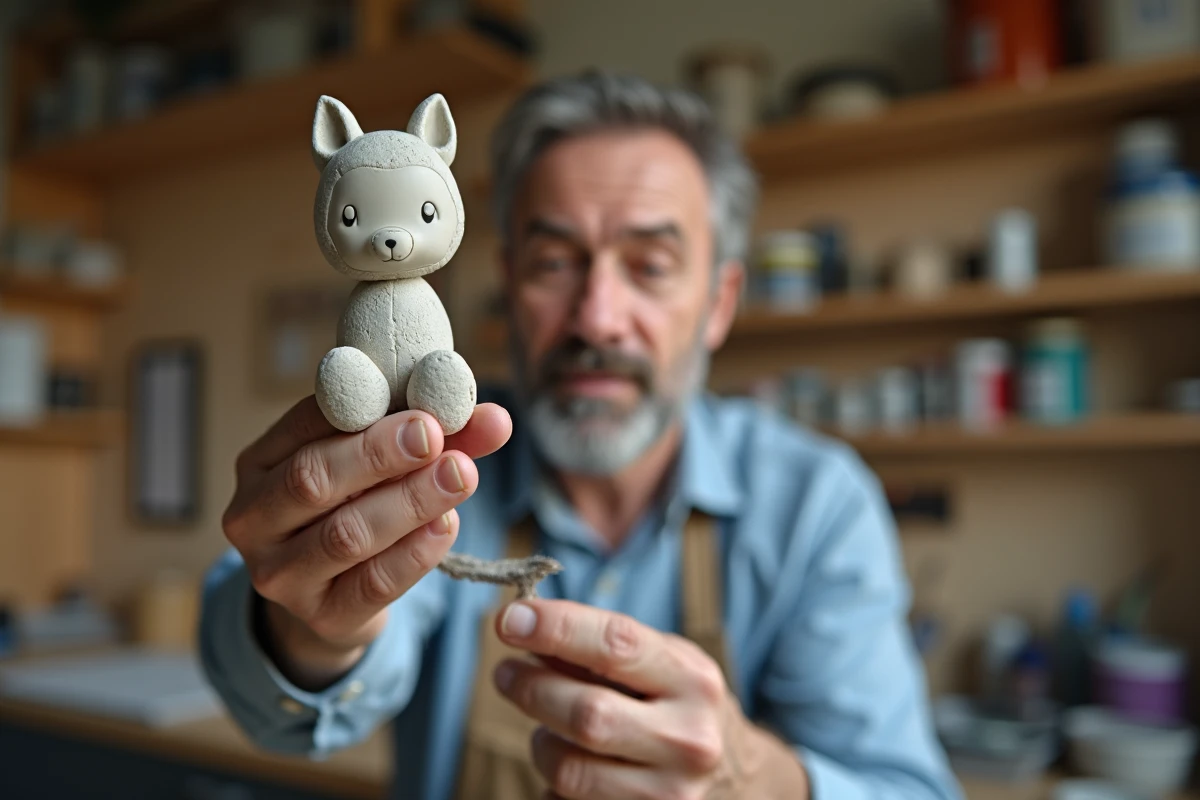 Homme inspectant une figurine en argile autodurcissante peinte et vernie, en gros plan dans un atelier de loisirs créatifs