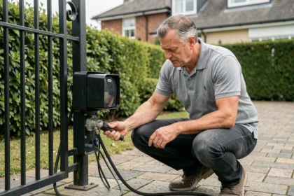 Homme inspectant le moteur d'un portail électrique coulissant pour diagnostiquer un problème de fermeture automatique