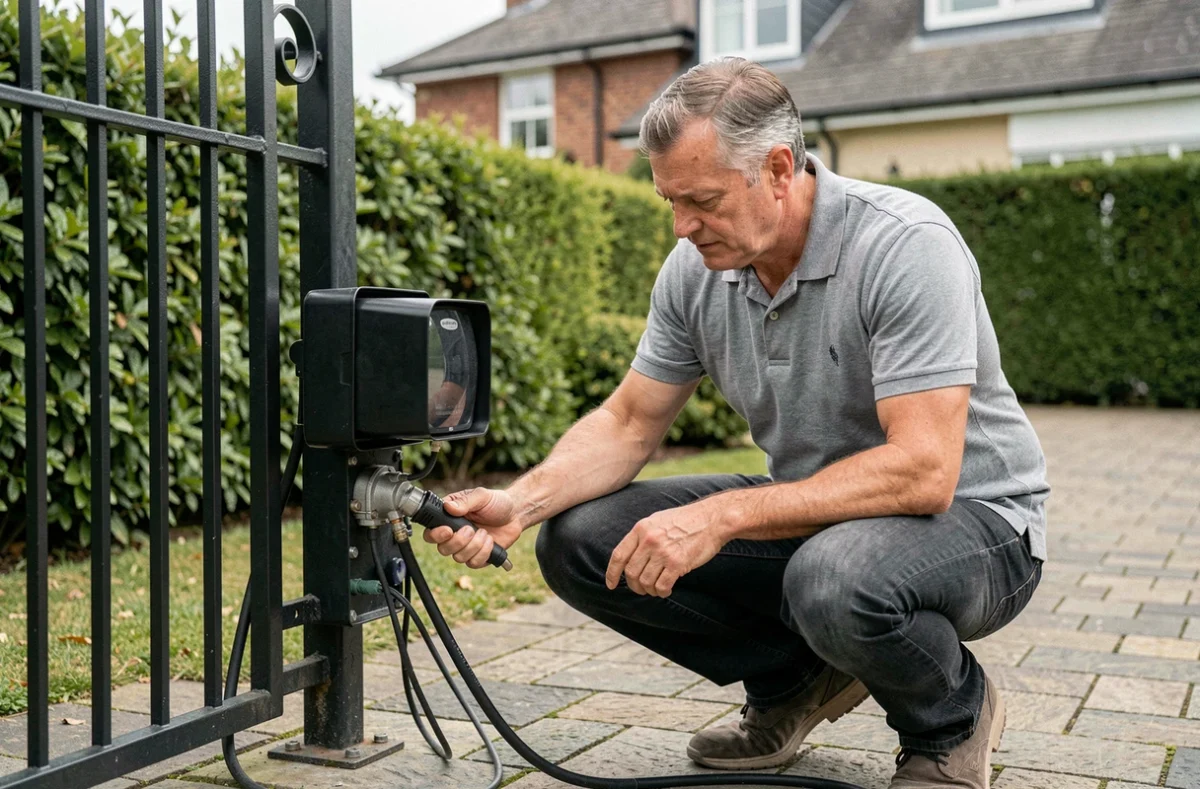 Homme inspectant le moteur d'un portail électrique coulissant pour diagnostiquer un problème de fermeture automatique
