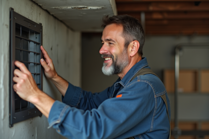 Homme inspectant une grille de ventilation dans un sous-sol moderne