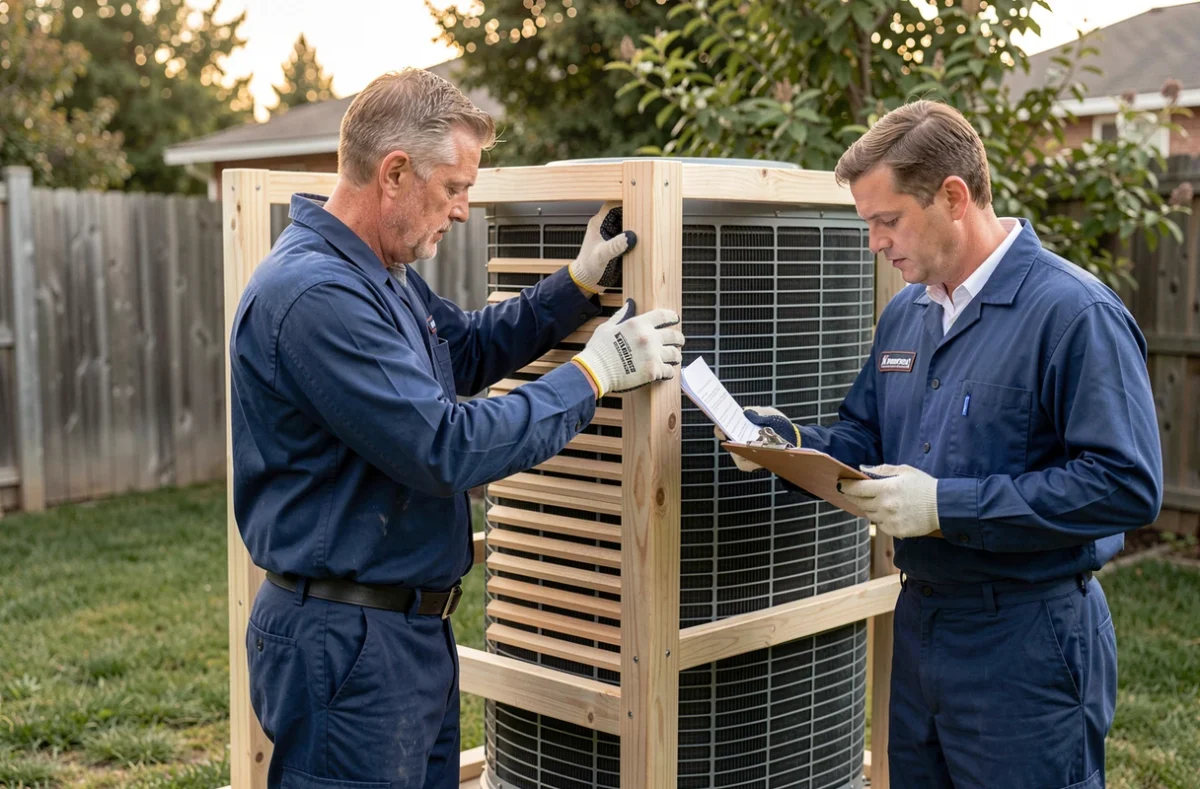 Deux techniciens installant un caisson acoustique en bois autour d'une pompe à chaleur dans un jardin