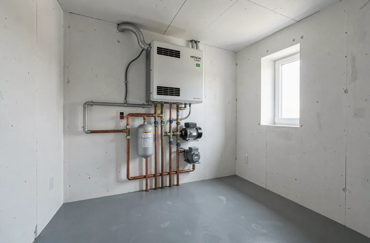 Installation complète du module intérieur de la pompe à chaleur Hitachi Yutaki S dans une chaufferie résidentielle