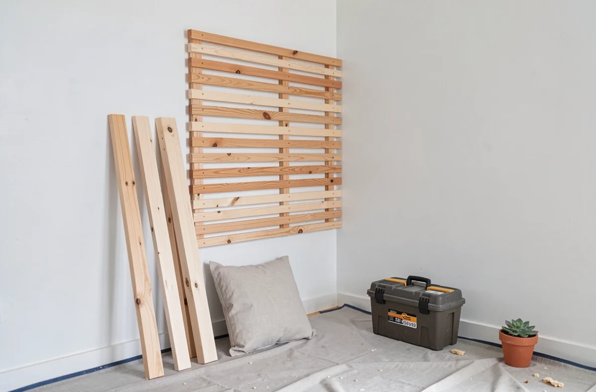 Installation en cours d'un panneau latte bois en pin pour tête de lit DIY dans une chambre en rénovation