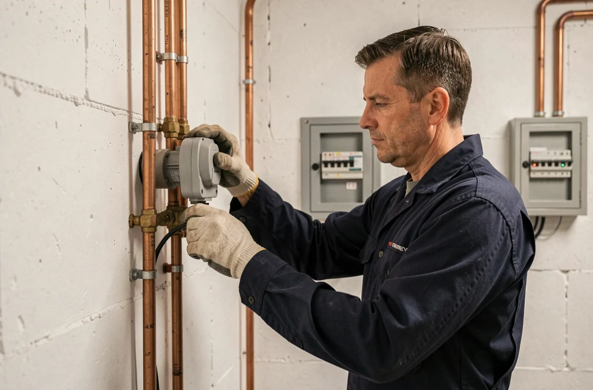 Technicien installant une pompe à chaleur Mitsubishi dans une salle technique résidentielle