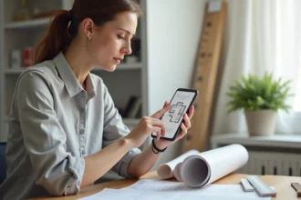 Femme utilisant l'application Lamaison360 sur smartphone pour consulter un plan d'architecture à son bureau à domicile