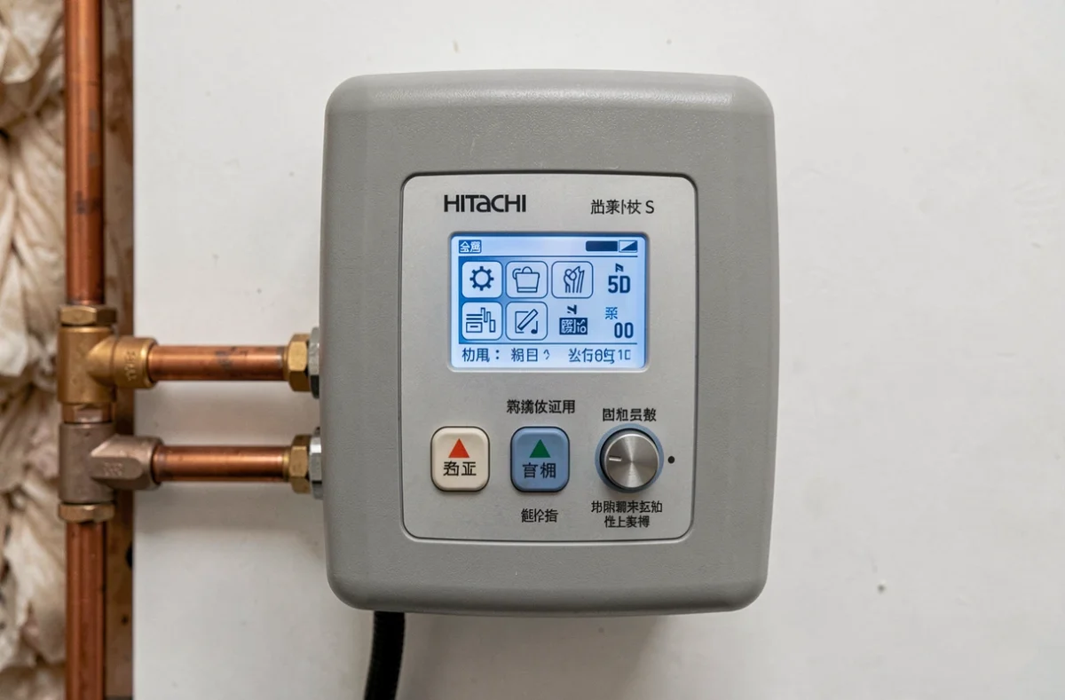 Interface de contrôle numérique d'une pompe à chaleur Hitachi Yutaki S affichant les paramètres de température