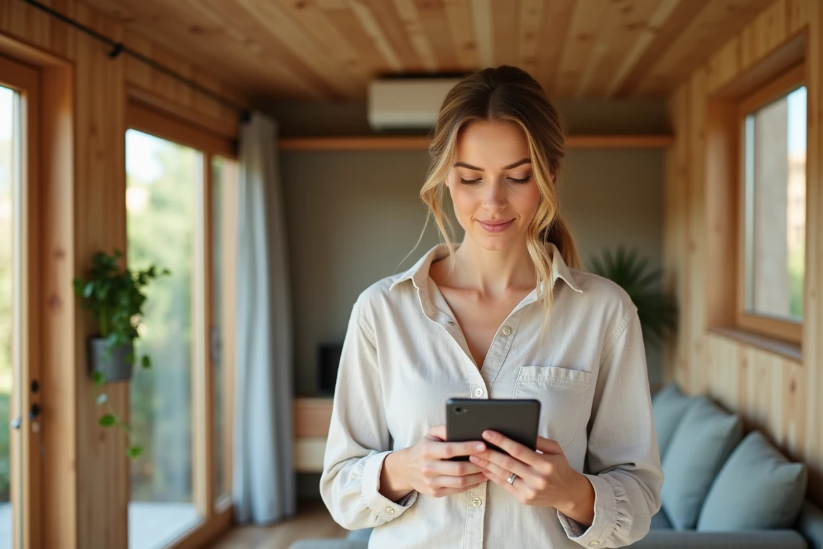 Femme consultant sa facture d'énergie réduite dans le salon d'une maison modulaire écologique en bois