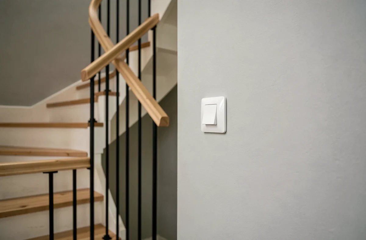 Interrupteur poussoir blanc installé en bas d'un escalier moderne en chêne avec rampe métallique noire