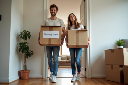Jeune couple souriant portant des cartons de déménagement