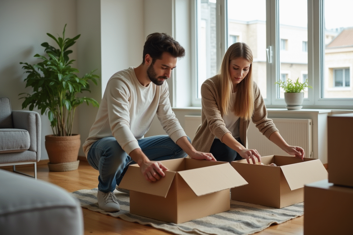 Jeune couple emballant des cartons dans un appartement urbain