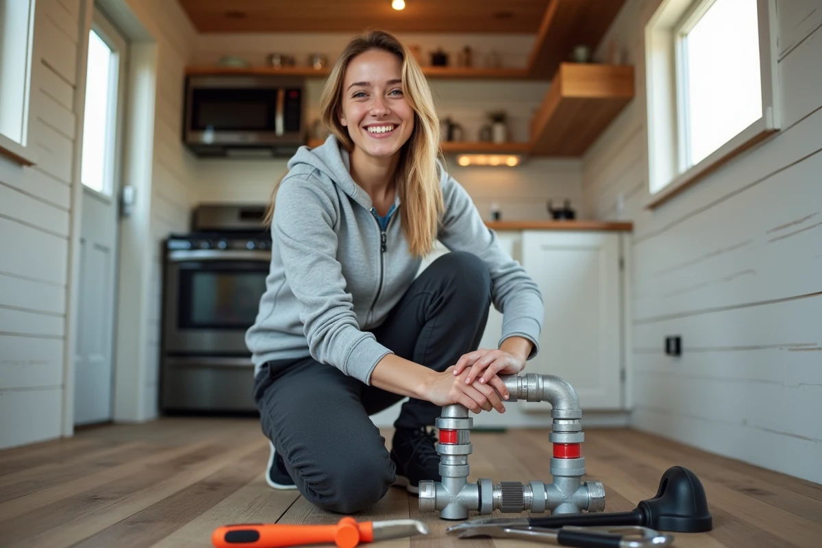 Jeune femme assemble des tuyaux dans un tiny house