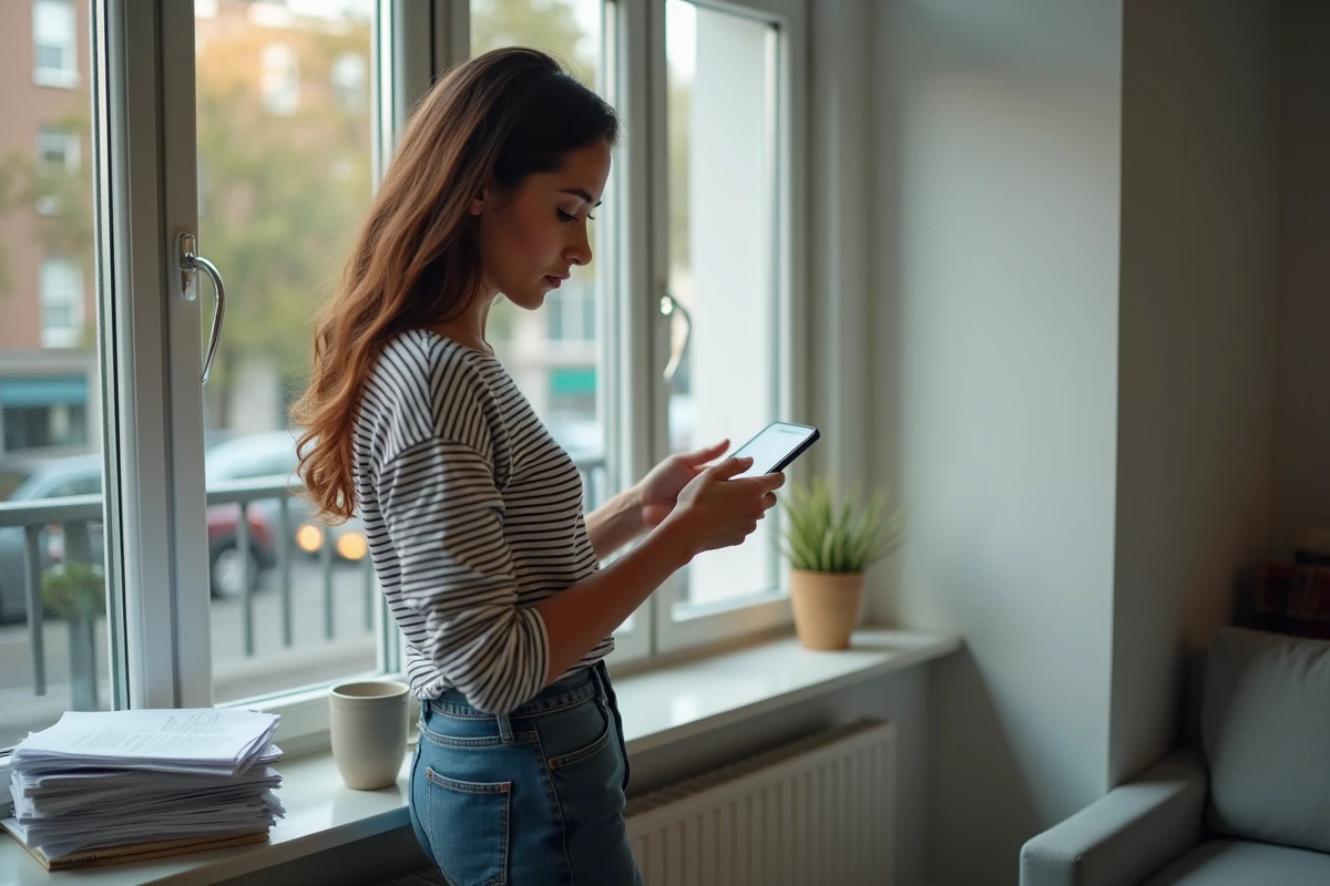 Jeune femme consultant son smartphone pour comparer les garanties de son assurance habitation en colocation