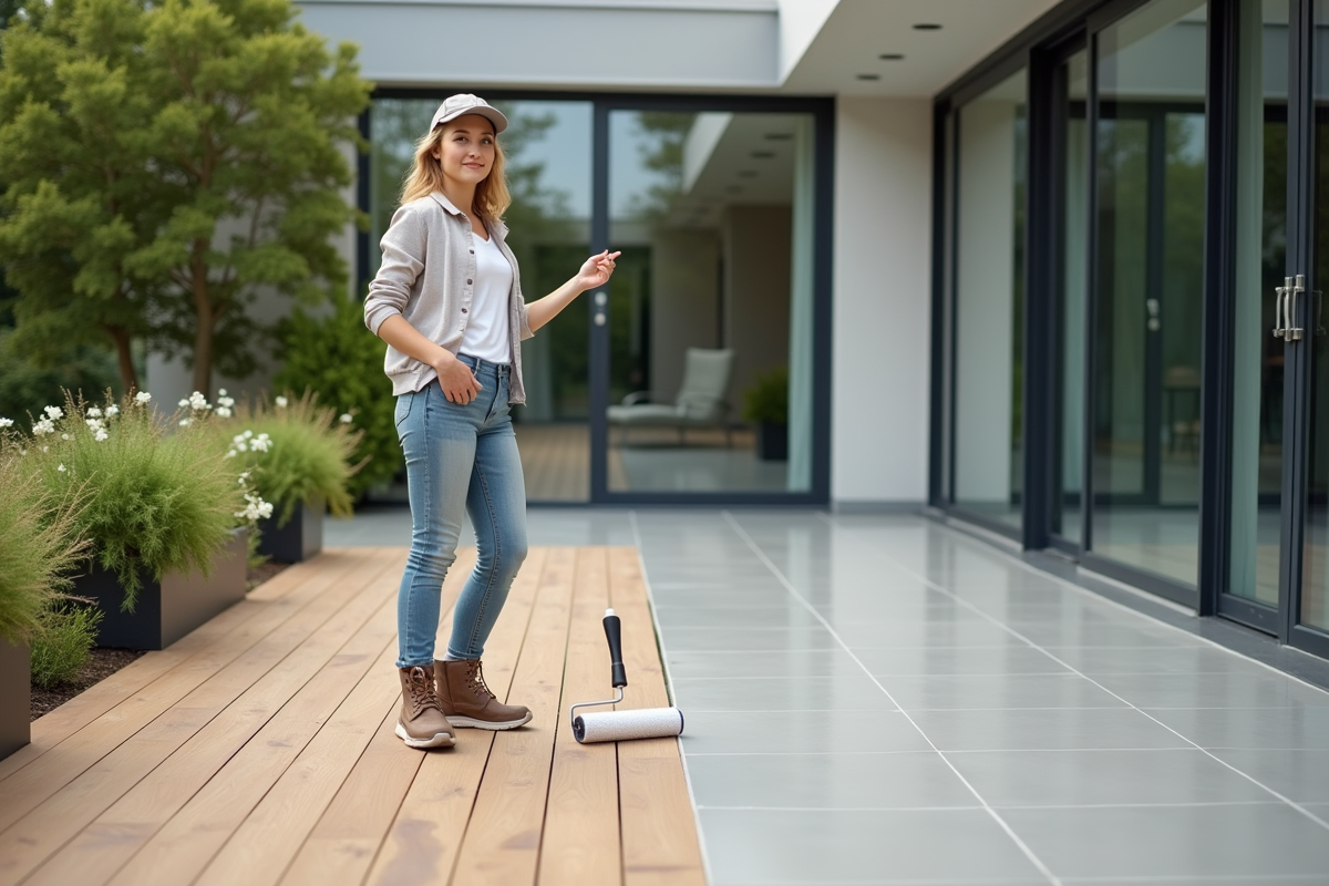 Jeune femme contractrice expliquant la pose de résine sur terrasse