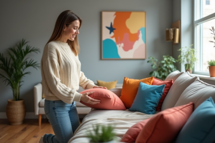 Jeune femme arrangeant des coussins colorés dans un salon moderne