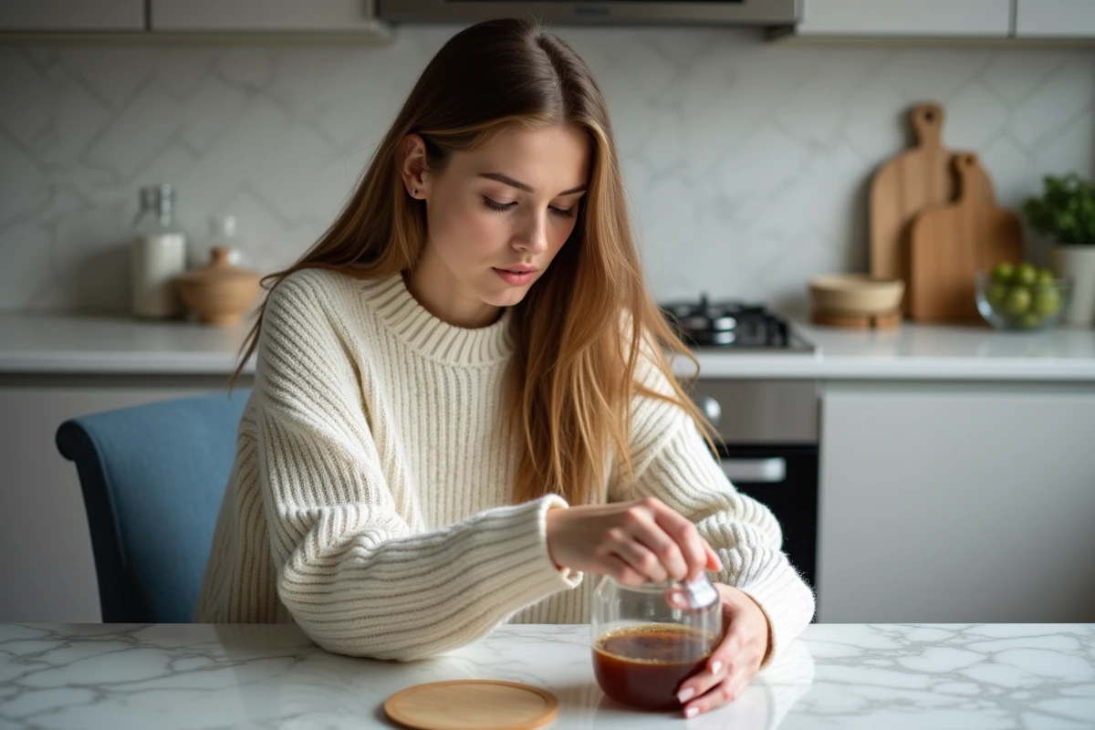 Jeune femme en cuisine qui dévisse un bocal avec concentration