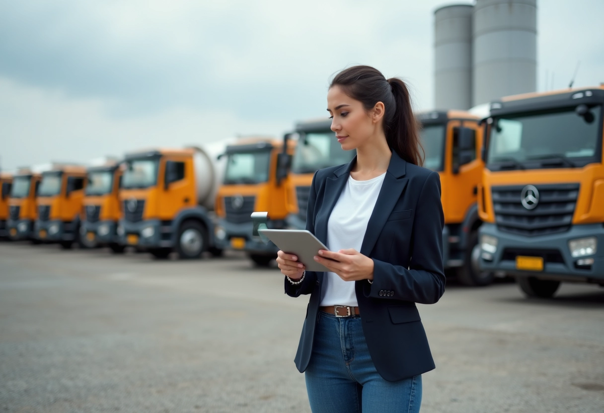 Jeune femme gestionnaire vérifiant des plans sur une tablette devant des camions béton