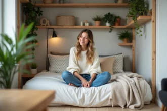 Jeune femme dans un studio moderne arrangeant des coussins