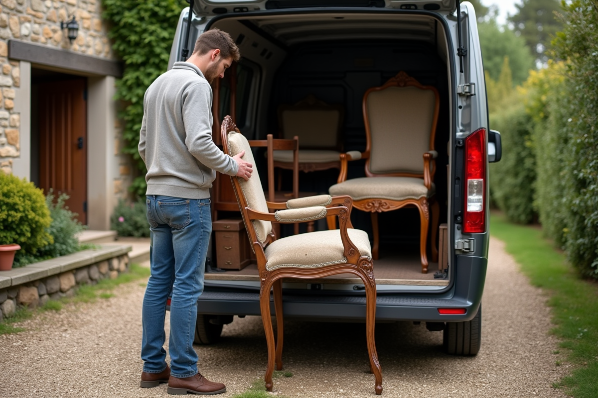 Jeune homme chargeant une chaise ancienne dans une camionnette