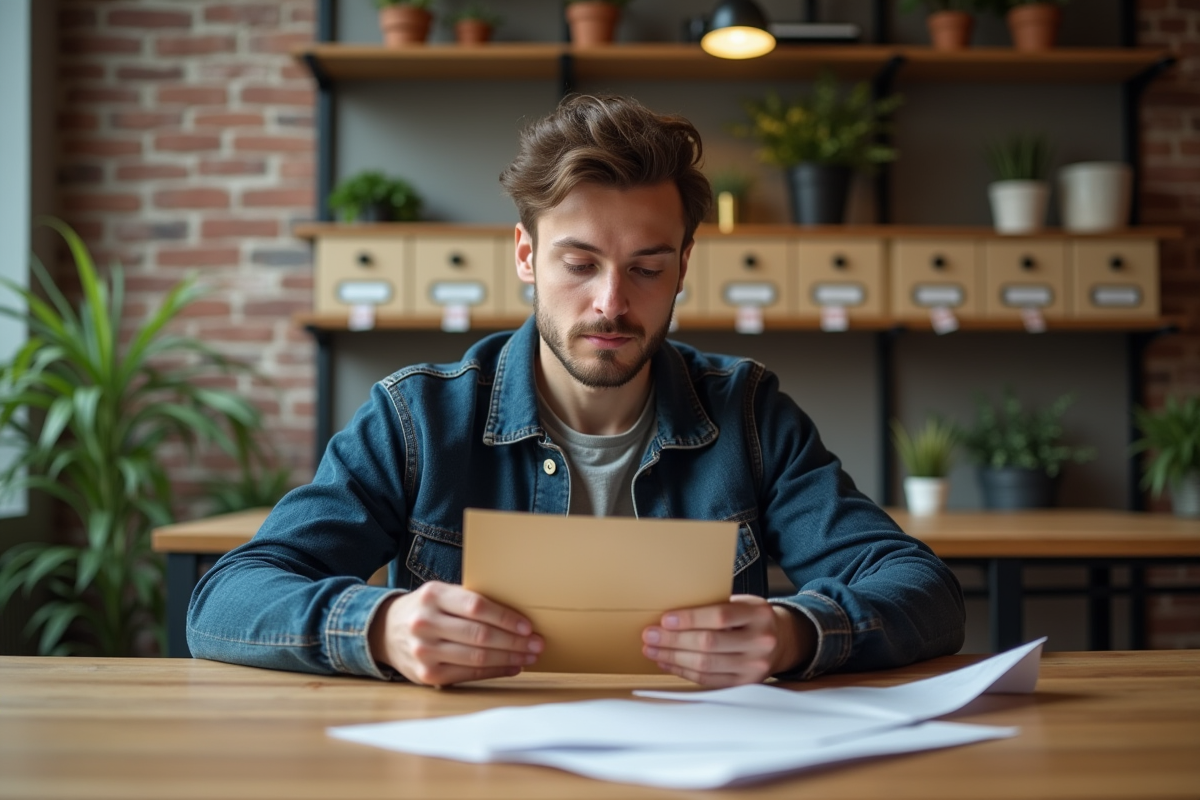 Jeune homme ouvrant une enveloppe poste restante dans un espace de coworking